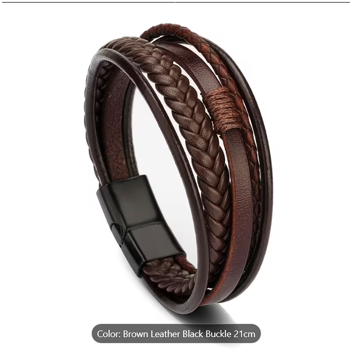 Brown Multilayer Woven Leather Bracelet with Magnetic Clasp
