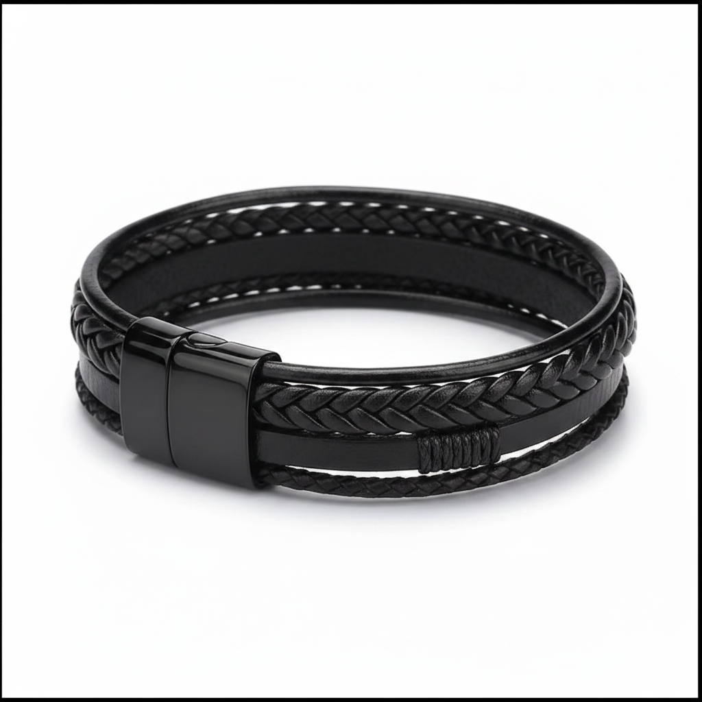Black Multilayer Woven Leather Bracelet with Magnetic Clasp