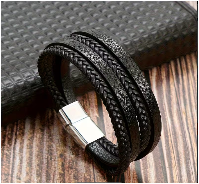 Black Men's Braided PU Leather Bracelet