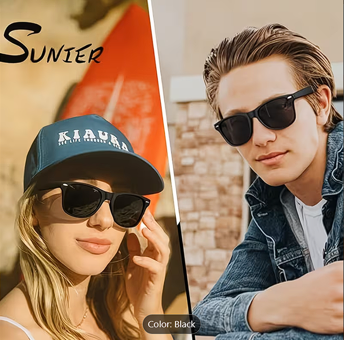 Stylish retro sunglasses with a sleek black frame, dark lenses