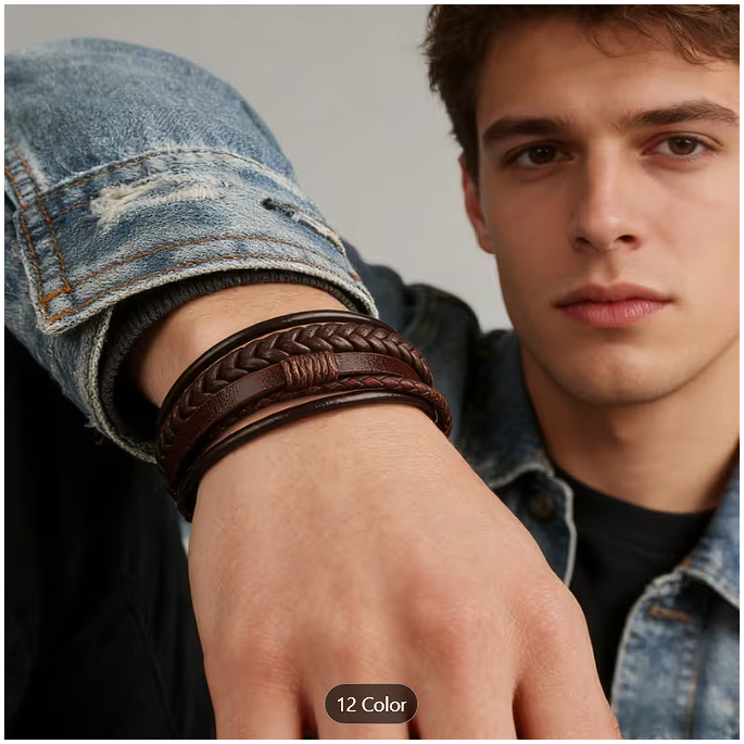 Brown Multilayer Woven Leather Bracelet with Magnetic Clasp