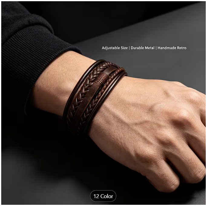 Brown Multilayer Woven Leather Bracelet with Magnetic Clasp