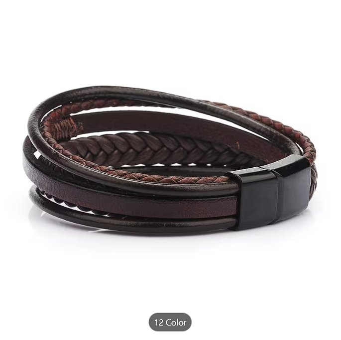 Brown Multilayer Woven Leather Bracelet with Magnetic Clasp