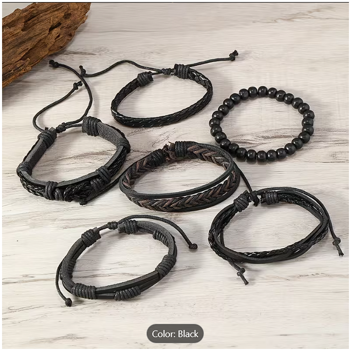 6-piece Black Set Men's Wristband
