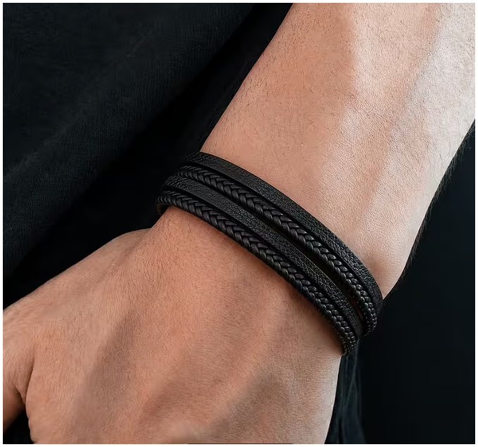 Black Men's Braided PU Leather Bracelet